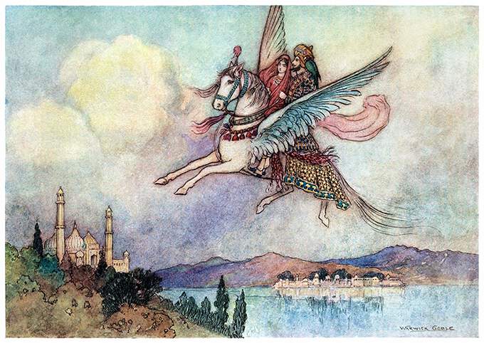 A woman and a man with a parrot on his shoulder ride winged horse flying over a wide river