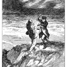 Two men are fighting on a hillock, one wielding a knife and about to stab the other