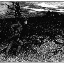 A man taking a walk on a moor looks from a distance at the light coming from two windows