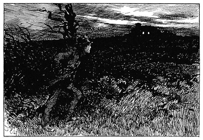 A man taking a walk on a moor looks from a distance at the light coming from two windows