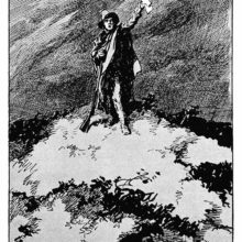A man stands leaning on his gun as he waves a white rag and opens his lips to speak