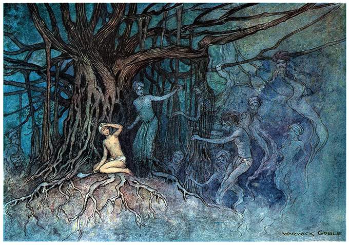 A man with a billhook is kneeling at the foot of a banyan tree, threatened by a assembly of ghost