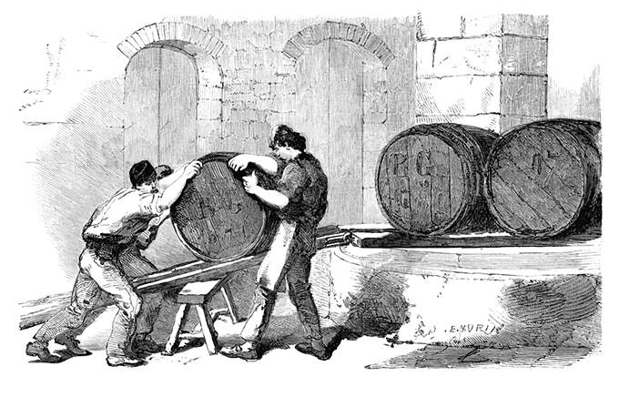 Three workers at a soap factory are moving an oil barrel up an inclined plane made of two planks