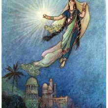 A woman floats in the air, a radiant gem shining in her hand as she looks up toward the sky