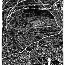 The hands of a prince calling for help rise out of a tangle of thorns spreading around a castle