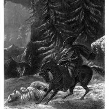 A horse jibs at a corpse lying in the snow as its rider opens his eyes wide in horror