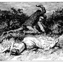 A woman lies passed out in the grass while in the back, two men are fighting on the ground