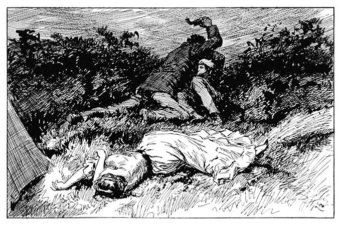 A woman lies passed out in the grass while in the back, two men are fighting on the ground