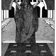 An evil fairy wearing a hooded gown strikes an ominous pose as she faces the viewer