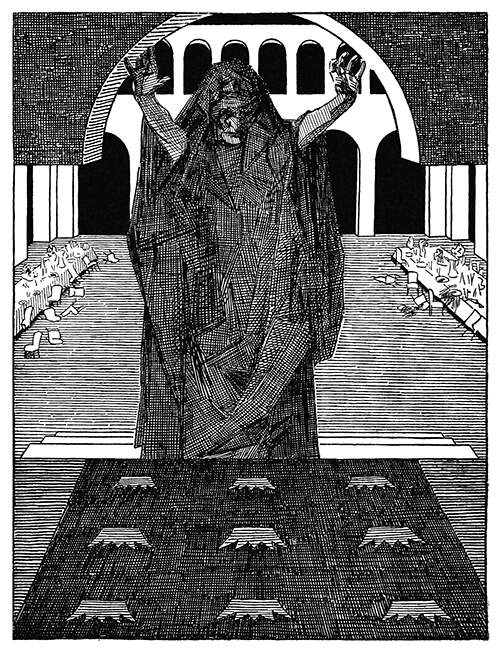 An evil fairy wearing a hooded gown strikes an ominous pose as she faces the viewer