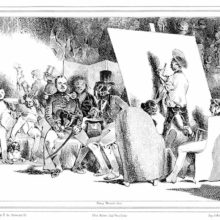 A soldier sits for a painter in a studio crowded with idle guests and visitors