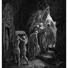 Two men lift a slab to close Sarah's tomb as Abraham looks back one last time from the entrance