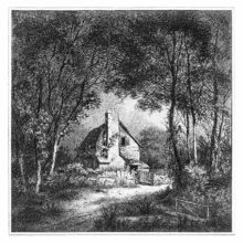 View of a small cottage enclosed by a fence and framed by two clumps of trees