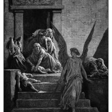 An angel holding a sword walks away from women lamenting over their dead children