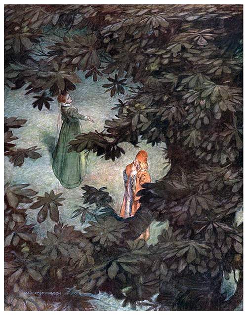 A woman and her interlocutor are seen from above, through the branches and leaves of a tree