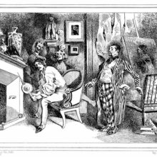 A man in a striped gown speaks to another sitting in front of the fireplace holding a bellows