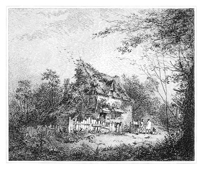 Three figures can be seen outside the palisade surrounding a picturesque rustic cottage