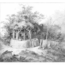 A man leans on a fence which surrounds a clump of trees standing in front of a small cottage