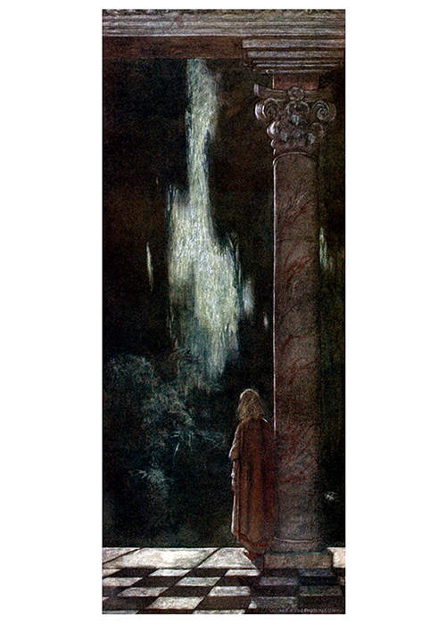 A young woman is seen from the back standing next to a tall column and staring out into the night