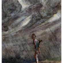 A jester carrying a lute stands laughing in the rain pouring from a sky filled with clouds