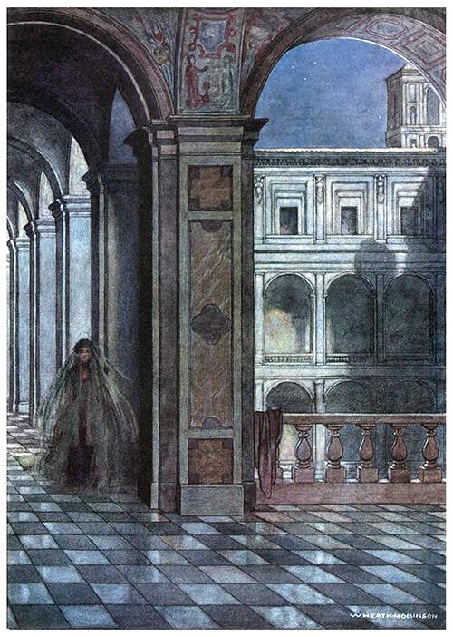 A veiled woman walks at night along a colonnade in the upper floors of a palace