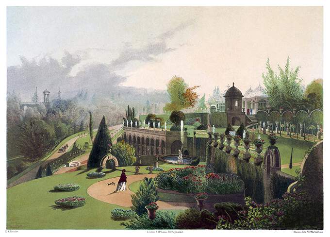 Alton Towers terraced Gardens with the colonnade, a fountain, flowerbeds, and scalloped walls