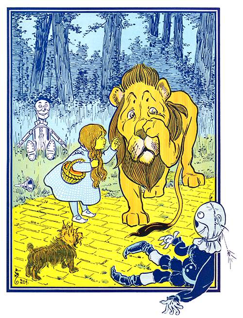 A young girl admonishes a sheepish lion which has been throwing around her companions
