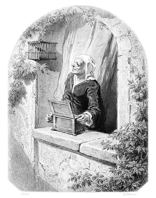 An older woman plays a bird organ on her window ledge while looking at a bird inside its cage