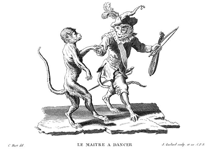 A monkey in court dress and holding a violin is showing a step to another, awkward-looking monkey