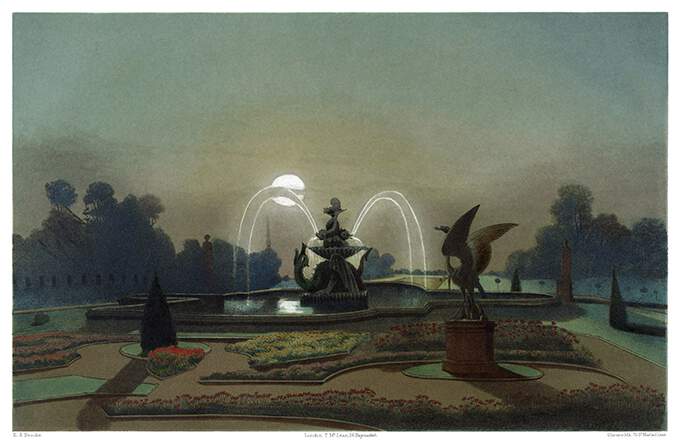 Night view of Eaton hall gardens and the dragon fountain lit by the full moon