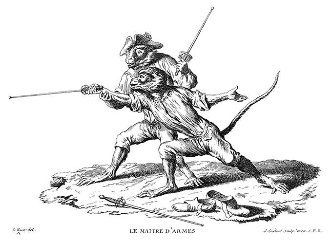 A monkey armed with a buttoned foil is practicing a lunge, guided by his fencing master