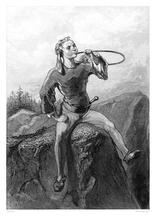 A youth is sitting on the edge of a cliff, blowing into a horn with his legs dangling in the void