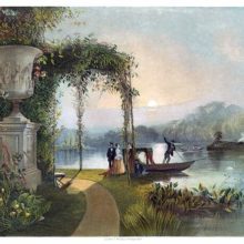Sunset view of the lake at Trentham Hall, with a boat drawing alongside the bank