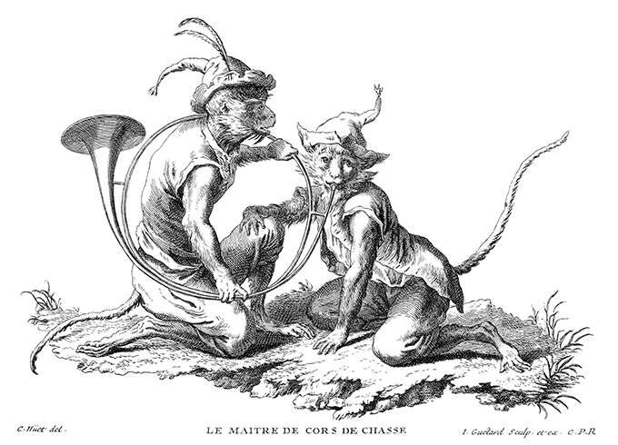 Two monkeys kneel facing each other, one holding a hunting horn for the other to blow into it