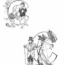 lower case and capital C showing a girl and a boy on a beach, and a similar pair in adult clothes