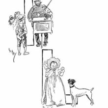 Lower case and capital L showing a man with a barrel organ and a crying toddler holding a biscuit