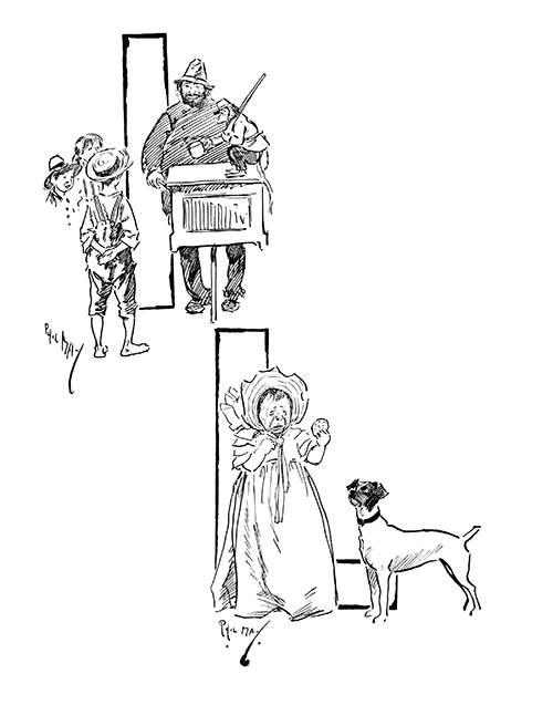 Lower case and capital L showing a man with a barrel organ and a crying toddler holding a biscuit