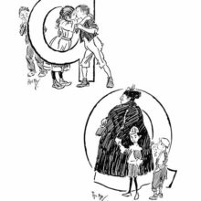 Lower case and capital Q showing a girl kissing a boy and a street urchin thumbing his nose at a boy