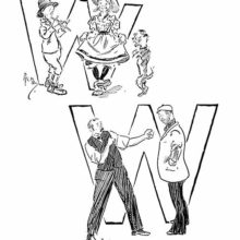 Lower case and capital W showing a girl and a dog dancing and a man bracing himself to fight another