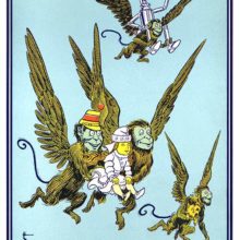 Two winged monkeys are carrying a young girl through the sky while a third one carries her dog
