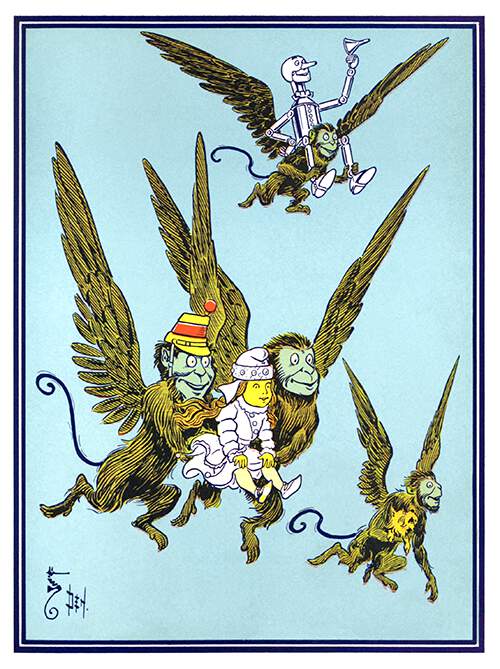 Two winged monkeys are carrying a young girl through the sky while a third one carries her dog