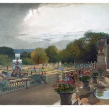 Gardens of Harewood House after a storm, showing a balustrade, fountains, and flower beds