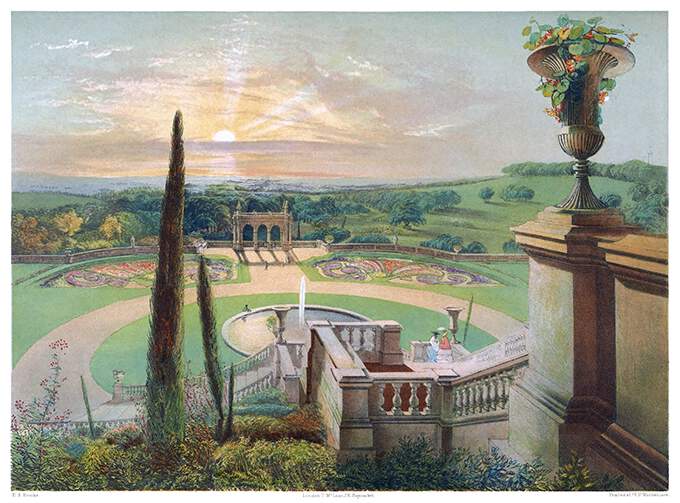 Lower terrace at Shrubland Hall, as seen from the upper, with the pond and Italianate loggia