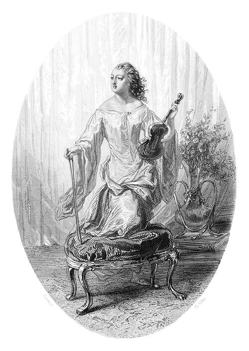 A woman stands with one knee resting on a stool, a violin in one hand and a bow in the other