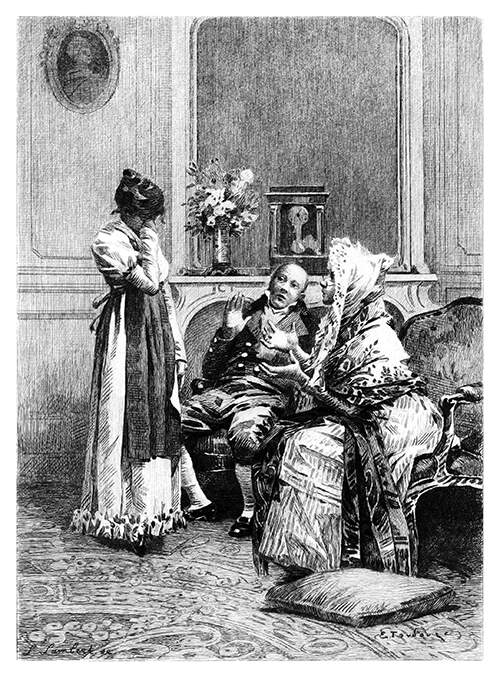 A woman stands hiding her face in her hand as her parents admonish her from their armchairs
