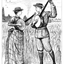 A woman and a man are out in a wheat field, facing each other and strumming on their banjos