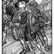 Four men dressed in the Elizabethan fashion drunkenly roam the street, one holding up a tankard