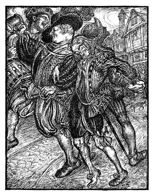 Four men dressed in the Elizabethan fashion drunkenly roam the street, one holding up a tankard