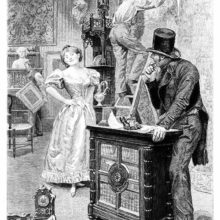 A woman stands smiling in a richly decorated room while her furniture is being taken away by movers