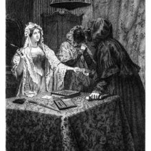 A woman holding a razor hands out a bunch of letters to one of the two masked women in the room